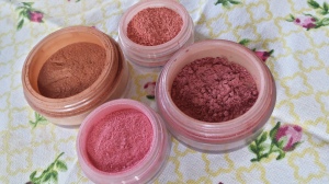 The beautiful Bare Minerals I have- Warmth,  Laughter, Aubergine and Giddy Pink. I recommend them all for a touch of color or more intense if you layer them. 